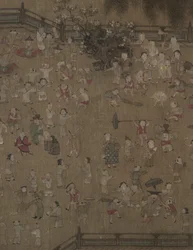 1100 年代から 1200 年代の 100 人の子供たちの遊び。