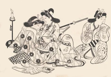 サムライと花魁着席、彼らのそばにサーヴァント、ca. 1685年。 1685年。