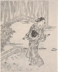 夏の芸者（木版画）