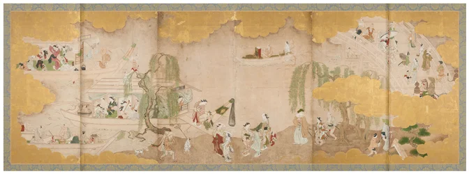 桜の下でピクニックと
川舟遊び図屏風 18世紀中頃（六曲一双、紙本墨画、彩色、金彩
紙）
