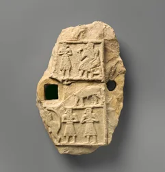 宴会シーンのあるレリーフプラーク、紀元前2600〜2500年頃（石膏アラバスター）