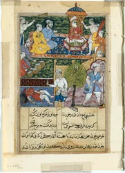 Page from Tales of a Parrot Tuti-nama: Eighth night: The young prince is crowned..., 1558-1560.    1190076   ja       japanese Successfully Translated  Original: Lassemblee au concert Translat: L