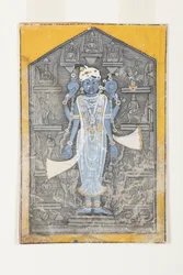 彼のアバターのレリーフに囲まれたヴィシュヌの画像、c.1780（不透明なトイレと紙の上の金）