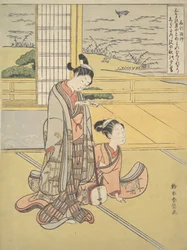 三味線を持った若い男女、西行僧、三位一体をほのめかすシリーズより 1768年。