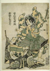 曽我孫悟郎の鎧を引く朝比奈三郎吉秀、1777年（版画）