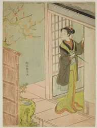 梅の木でさえずるウグイスに憧れる美女