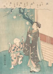 梅の花の下でシャボン玉を吹く。