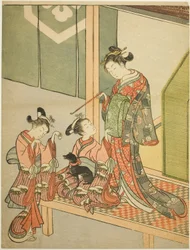 花魁と犬と戯れる二人の付き添い