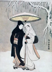 吹雪の中、傘の下を一緒に歩くカラスとサギ、または若い恋人、c1769。