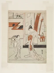 芸者とアテンド（カラー木版画