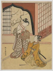 鳥かごを持った恋人たち、江戸時代、1766-67年頃（カラー木版）