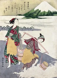 田子の浦海水浴場の塩乙女富士ビハインド（木版画カラー）