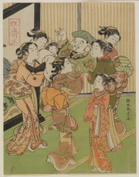 新年に大黒を空中へ放り上げる7人の女性
