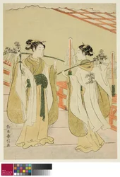 Shrine Maidens Onami and Ohatsu Dancing at Yushima Tenjin Shrine, c.1769