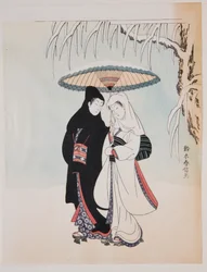 雪の中の傘をさした散歩