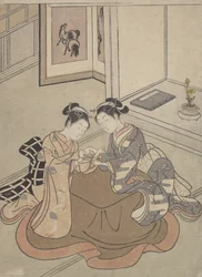 コタツのそばに座って遊んでいる 2 人の若い女性, ca. 1765年頃。 1765年。