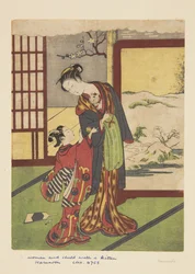女と子供と子猫（カラー木版画