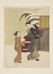 雪うさぎを鑑賞する若い女性（カラー木版画