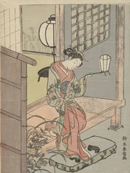 提灯を持つ若い女性、1756-70（色の木版画）