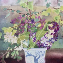 ライラックと春の花、2020年（紙に水彩画）