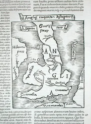 イギリス諸島、カイウス・ジュリアス・ソリヌス著「Polyhistor, rerum toto orbe memorabilium...」より、バーゼル 1543 年発行 (木版画)