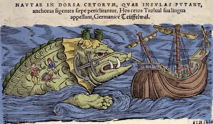海の怪物と船、「Historiae Animalium」からのイラスト、Conrad Gesner