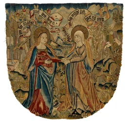 訪問を描いたタペストリー・パネル、1500年頃（ウール、絹、金属、金）