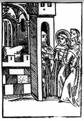 6世紀の英雄、アイルランドの聖人である聖ブレンダン（ブランダン）の伝説。僧侶の一人が聖杯を盗む。ブランダンの不思議な旅 "の版画。Brandan." の刻印。ベール