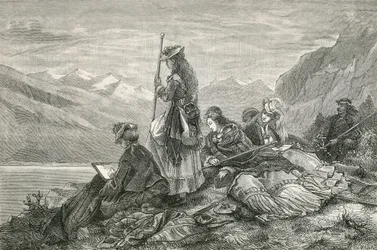 アルプスで休む観光客