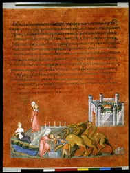 全ページ：本文と細密画：ナホルの町の外にある井戸でのレベッカとエリエゼル（細密画）