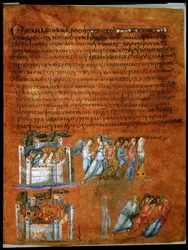 全ページ：本文と細密画：ロトの救出（羊皮紙に細密画）