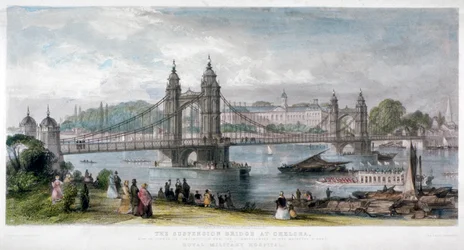 1852 年、ロンドン、チェルシーの吊り橋の眺め。