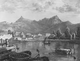 モーリシャス、ポートルイス、港の東側から、1830年頃（リトグラフ