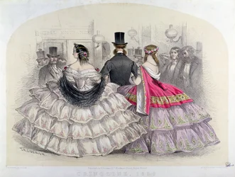 1859年のコヴェントガーデンのロイヤルイタリアオペラでクリノリンを着た女性たち（カラー彫刻）
