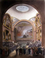 J.ブラック(fl.1791-1831)の彫刻、ルドルフ・アッカーマン(1764-1834)が1808年に出版した「ロンドンの小宇宙」より、ギルドホールの常任理事会室(アクアチント)