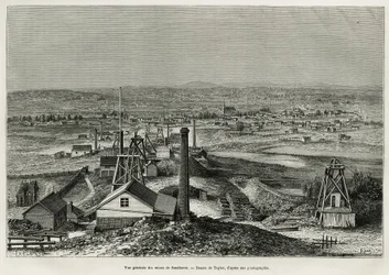 サンドハースト鉱山の全景。1878年に公教育省から派遣されたDesire Charnayによるオーストラリアでの6ヶ月間の物語を説明するためにTaylorが描いた絵の後に彫られたもので、tour du monde誌に掲載されています。