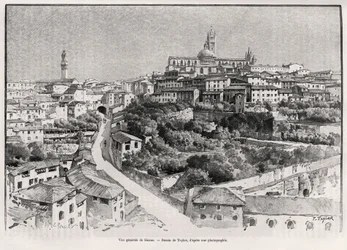 シエナ(イタリア)の全景。Eugene Muntz（1845-1902）の「A travers la Tuscane」をテイラーが描いたもので、Edouard Charton（1807-1891）監督の「Le tour du Monde 1892」に収録されています（Hachette, Paris）。