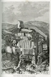 マルサバ（Mar Saba）の修道院（パレスチナ）。今日のシリアの物語を説明するために、公教育省から科学的使命を課せられたリヨンの医学部の学部長M.Lortetが描いたテイラーの彫刻で、Tou