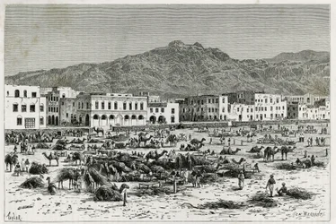 アデン（イエメン）の行進。1882年から1883年にかけて、M.G.Revoilが執筆した「Journey to the Benadir, Somalis and Bayoun」の物語を説明するためのテイラーのエングレーヴィング。Le Tour du monde, nouveau journal des voyagesに掲載。