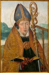 Saint Blaise - Brother Carlos (1517 年から 1544 年の間に活動したフランダースの画家) のワークショップからの絵画、1530 年頃の木に油彩 (St Blaise、Friar Carlos (1517-1544 の間活動) のワークショップによる、パネルに油彩、1530 年頃) ) - エヴォラ美術館 (ポルトガル)