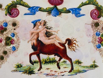 ケンタウロスと女性像、第2巻f287、v、ボルソ・デステの聖書、Taddeo Crivelli（1425-1479）とアシスタント、ラテン語の手稿
