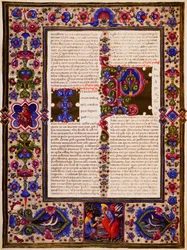パウロのコリント人への第一の手紙、ボルソ・デステの聖書第二巻より、Taddeo Crivelli (1425-1479)らによる彩色、ラテン語写本422-423、フォリオ195、裏面、羊皮紙