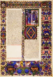 Taddeo Crivelli (1425-1479)らによって彩色された『ボルソ・デステの聖書』第1巻からの第2年代記、ラテン語写本422-423、フォリオ179、長方形、羊皮紙。