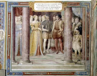 オラツィオ・ファルネーゼとフランスのアンリ2世の娘ディアナの結婚（1519-59年）1557-66年の「ファルネーゼの壮麗な広間」（フレスコ画）より