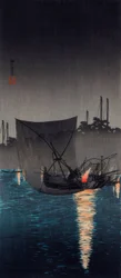 佃島、夜の漁網