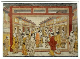 中野町の透視図。田中正信（1741-1748年）による浮世絵風の日本の版画。パリ、ギメ美術館