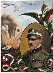 1918年に戦死したイタリア空軍の英雄、フランチェスコ・バラッカ少佐（1888-1918）のアレゴリー。タンクレディ・スカルペリの作画。ミラネーゼ。