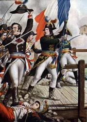 最初のイタリア遠征: 1796 年 11 月のアルコレ橋の戦いにおけるナポレオン・ボナパルト (1769-1821)」 (1796 年 11 月のアルコレ橋の戦いにおけるナポレオン・ボナパルト (アルコラ)、タンクレディ・スカルペリ (1866-1937) によるイラスト 『ストーリア』より