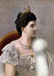 イタリア王妃エレナ・デル・モンテネグロ（1873-1952）の肖像。パオロ・ジュディチ著『イタリア史』所収、タンクレディ・スカルペッリ（1866-1937）による挿絵