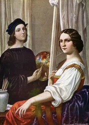 フォルナリーナを描く画家ラファエロ (Raffaello Sanzio 1483 - 1520) の肖像 (イタリアの画家ラファエルとフォルナリーナと呼ばれる若い女性) パオロ・ジュディ